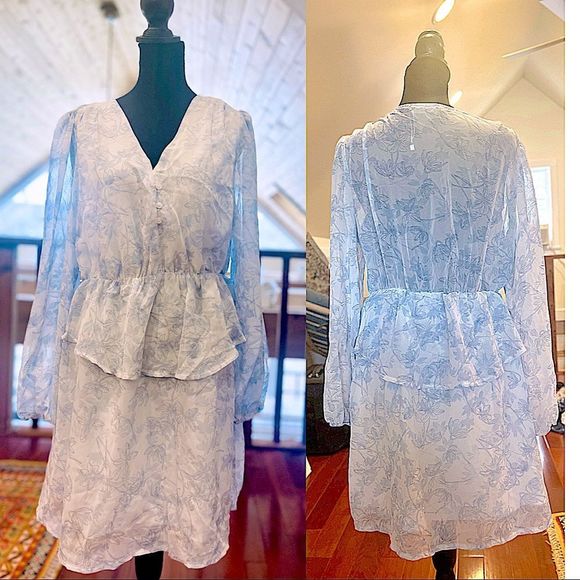 Simplee White & Blue Floral Ruffle Bishop Sleeve Romantic Spring Dress - Picture 3 of 13